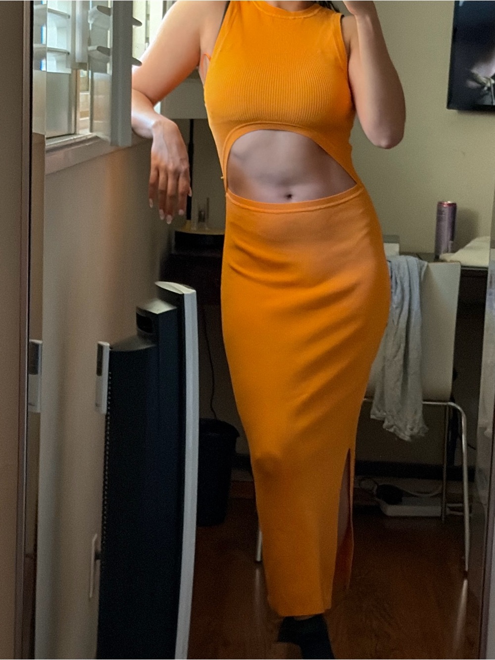 Orange midi dress with slit